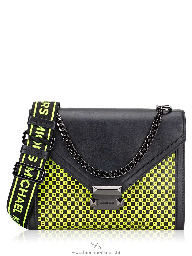 MICHAEL KORS Whitney Checkerboard Large Convertible Shoulder Bag Black Neon Yellow
