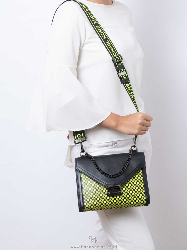 MICHAEL KORS Whitney Checkerboard Large Convertible Shoulder Bag Black Neon Yellow