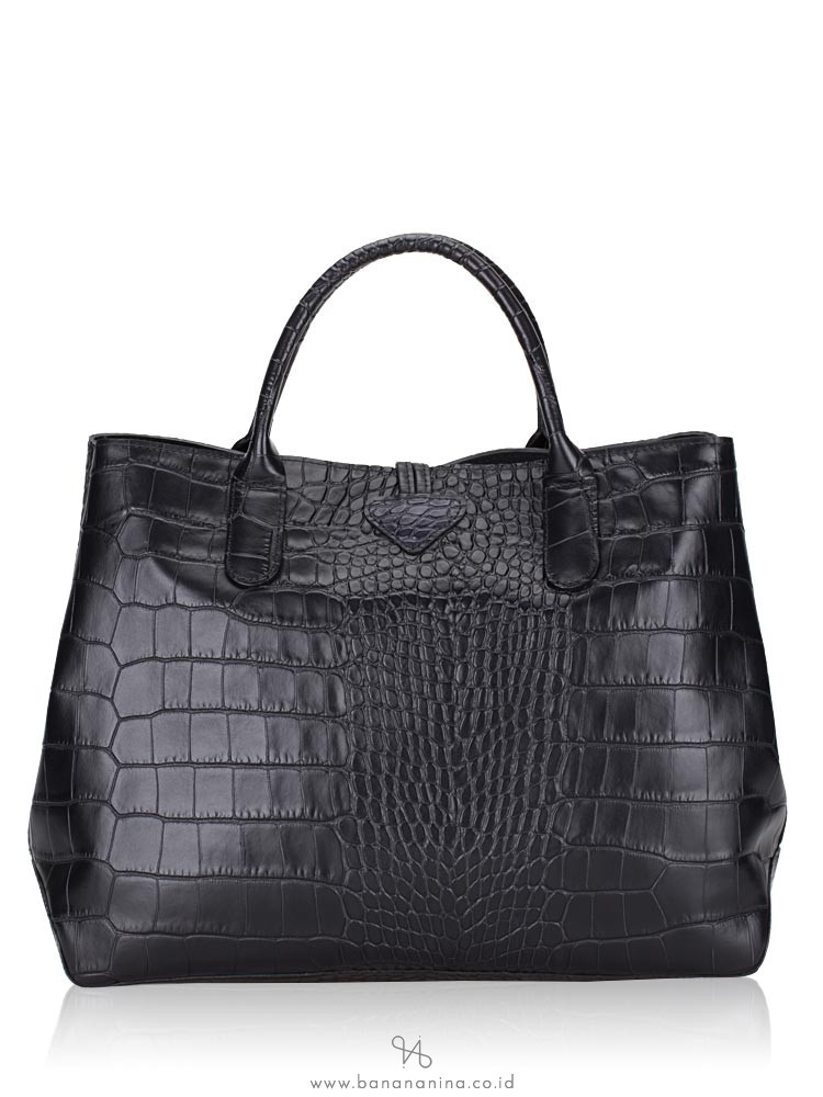 LONGCHAMP Roseau Croco Leather Tote Black Silver