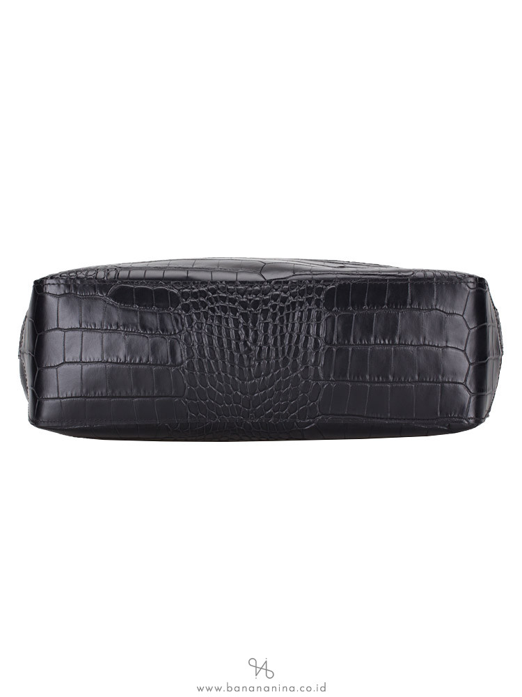LONGCHAMP Roseau Croco Leather Tote Black Silver