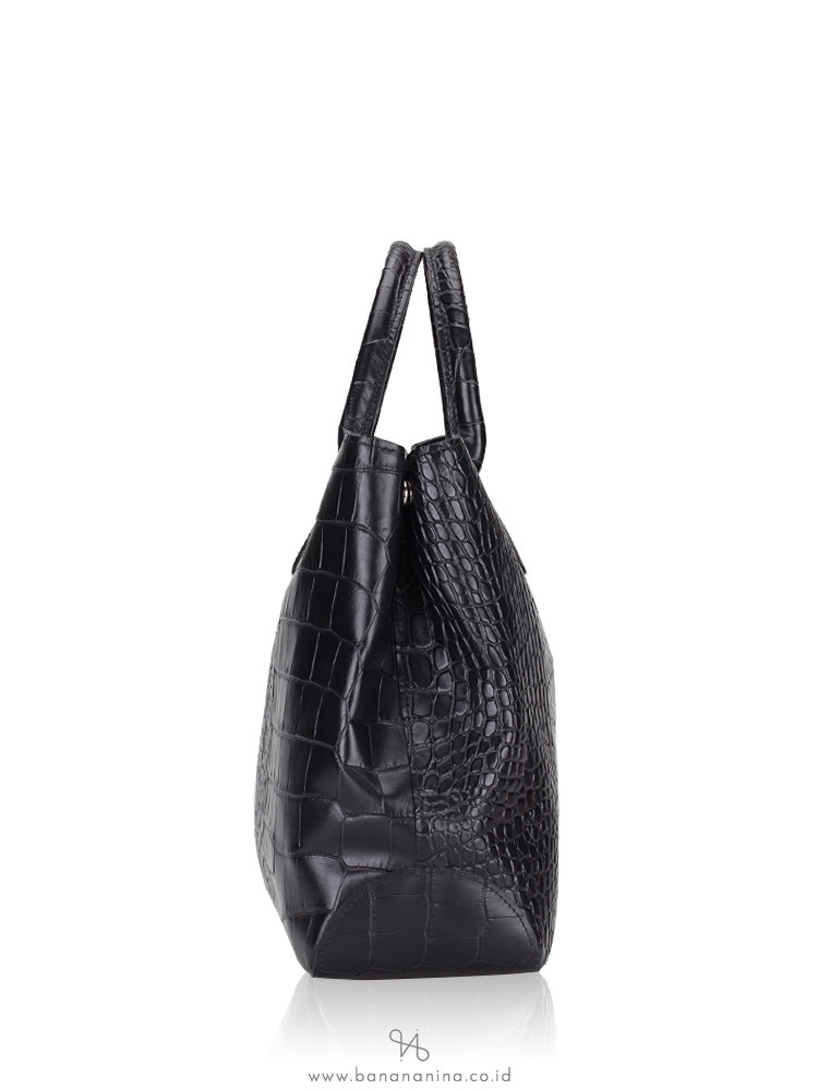 Longchamp Roseau Croco Leather Tote Black Silver