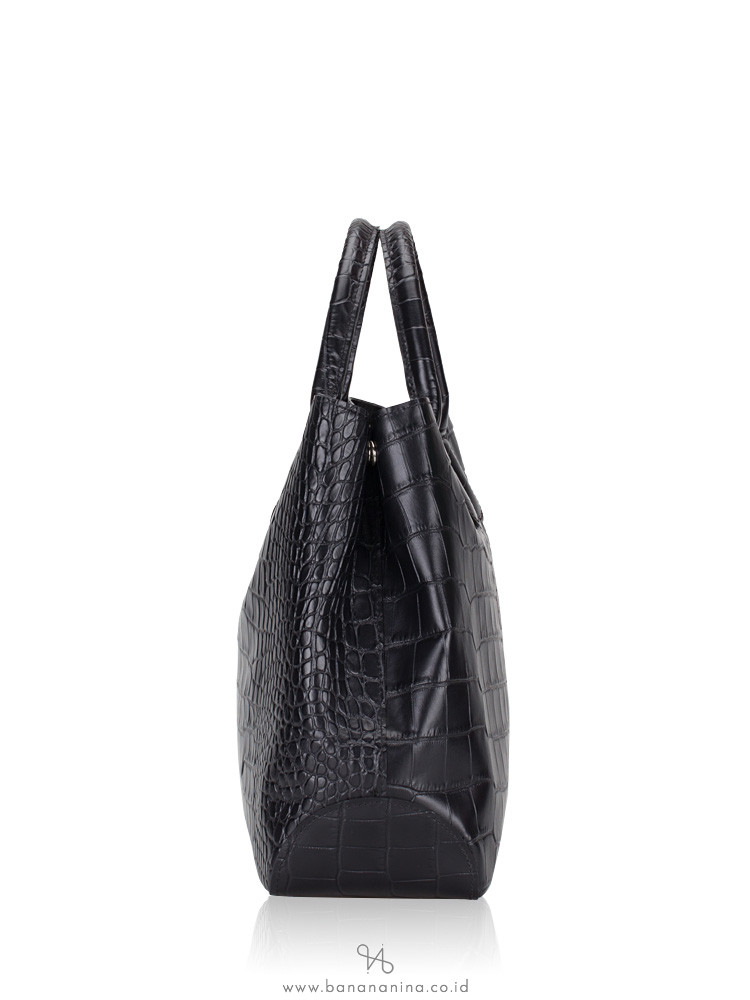 LONGCHAMP Roseau Croco Leather Tote Black Silver