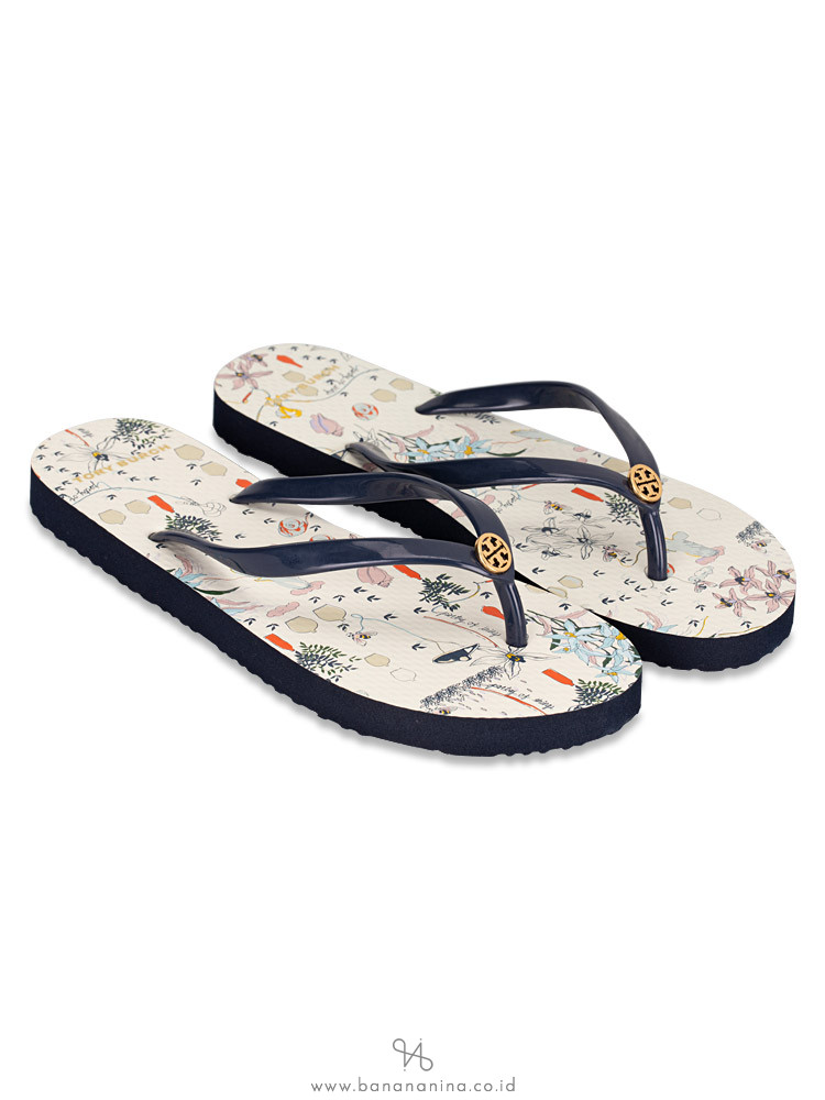 TORY BURCH Thin Printed Flip Flops Poetry Of Things Ivory Navy Sz 8