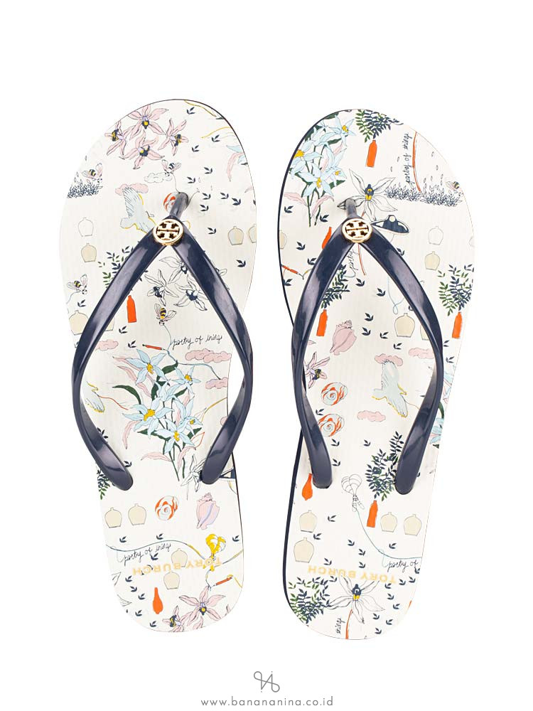 TORY BURCH Thin Printed Flip Flops Poetry Of Things Ivory Navy Sz 8