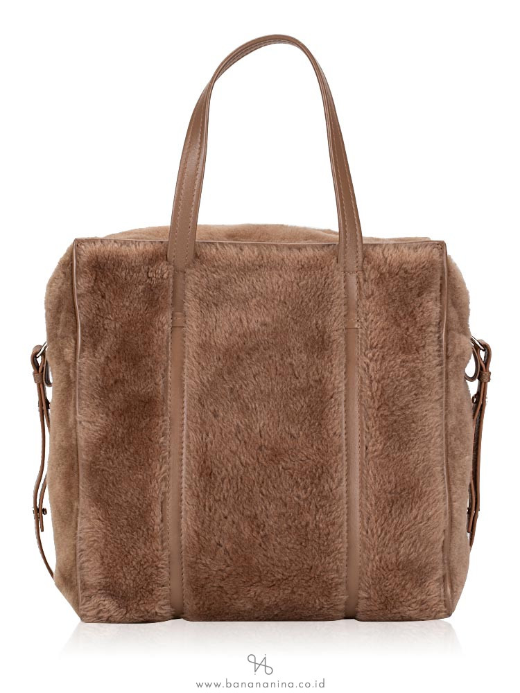 BALENCIAGA Bazar Shearling Fur Small Shopper Brown