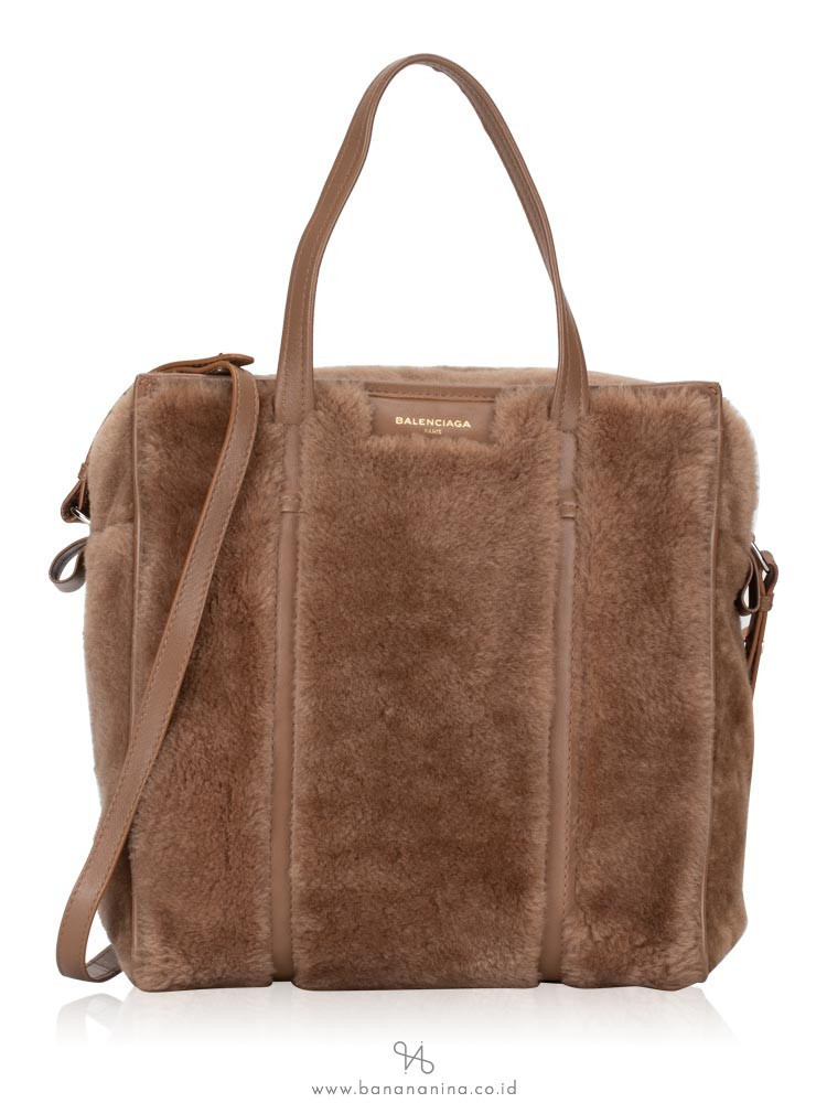 BALENCIAGA Bazar Shearling Fur Small Shopper Brown