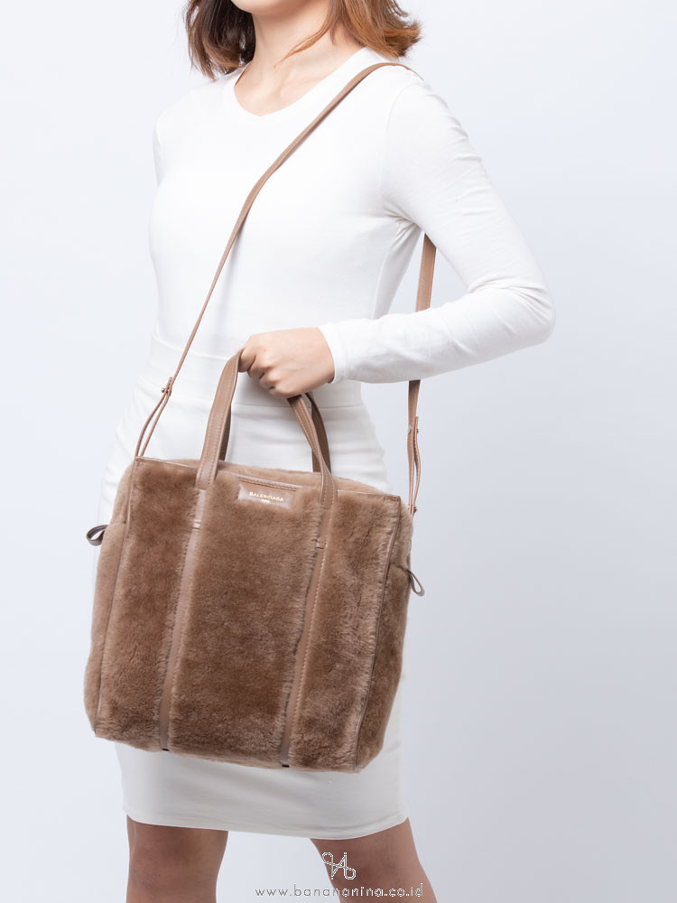 BALENCIAGA Bazar Shearling Fur Small Shopper Brown