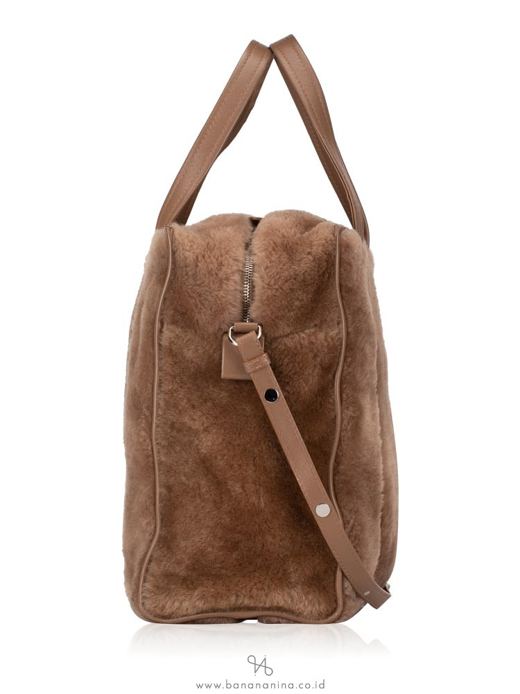 BALENCIAGA Bazar Shearling Fur Small Shopper Brown