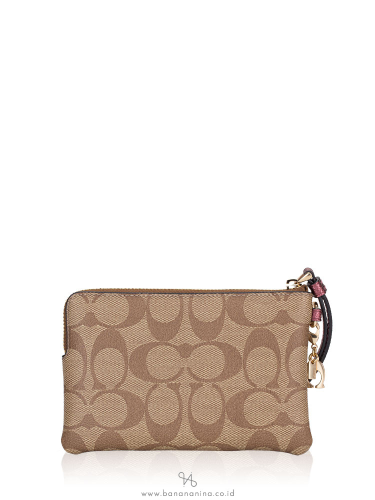 COACH 80151 Boxed Signature Corner Zip Wristlet Khaki Metallic Wine
