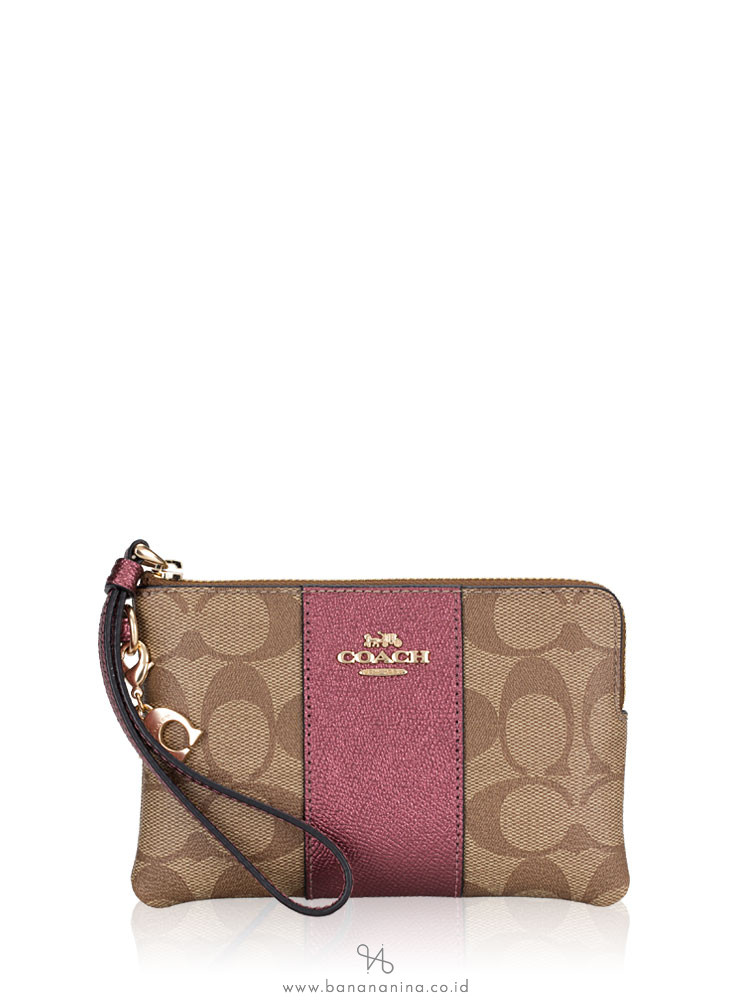 COACH 80151 Boxed Signature Corner Zip Wristlet Khaki Metallic Wine