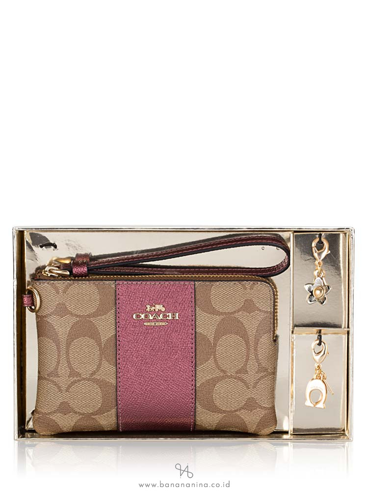COACH 80151 Boxed Signature Corner Zip Wristlet Khaki Metallic Wine