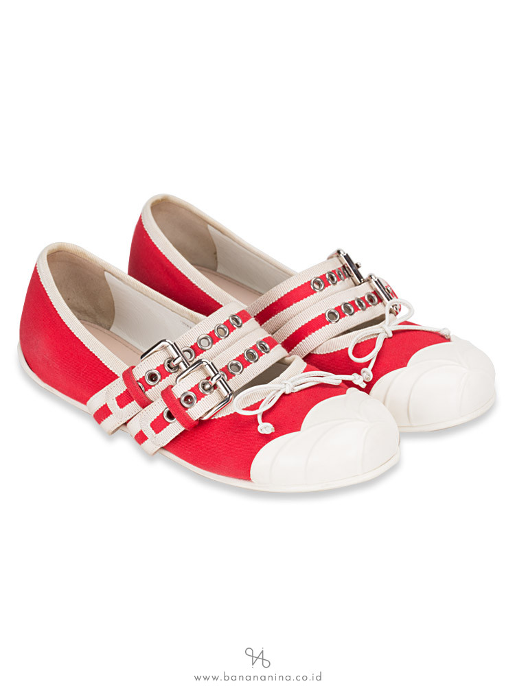 MIU MIU Buckle Embellished Canvas Ballet Flats Red Sz 37