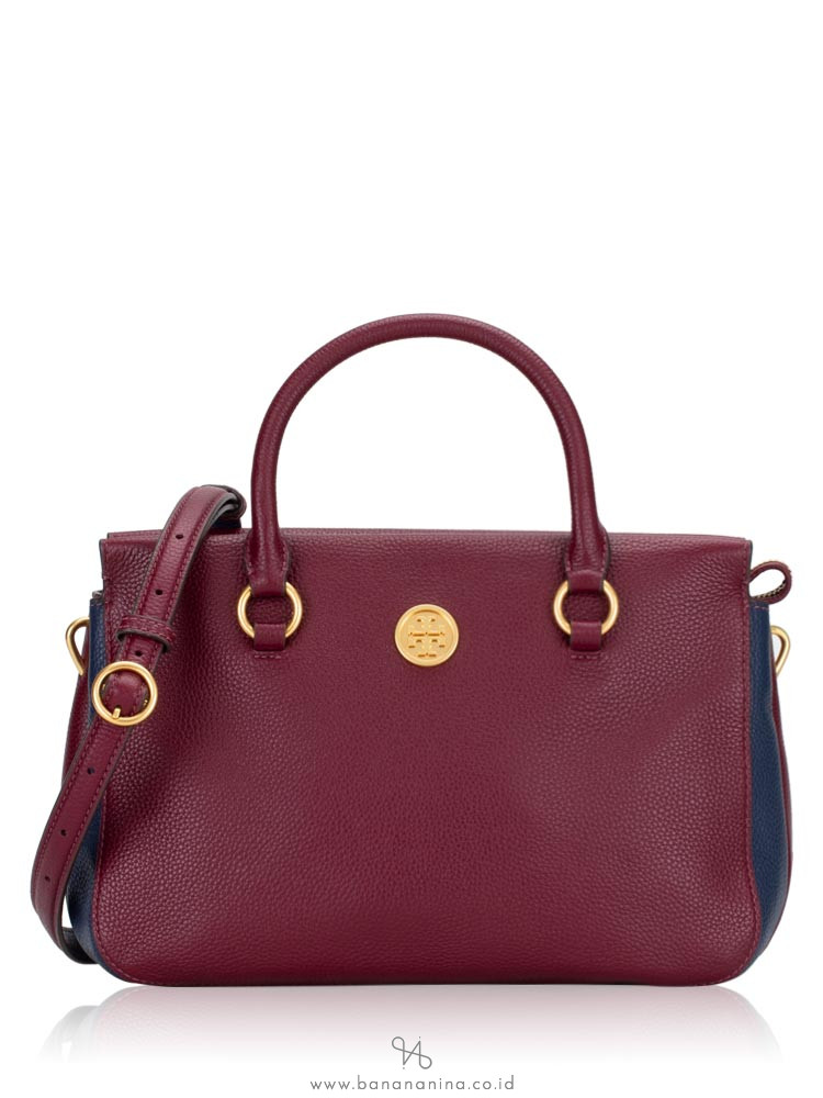 TORY BURCH Mason Colorblock Top Zip Satchel Imperial Garnet Navy