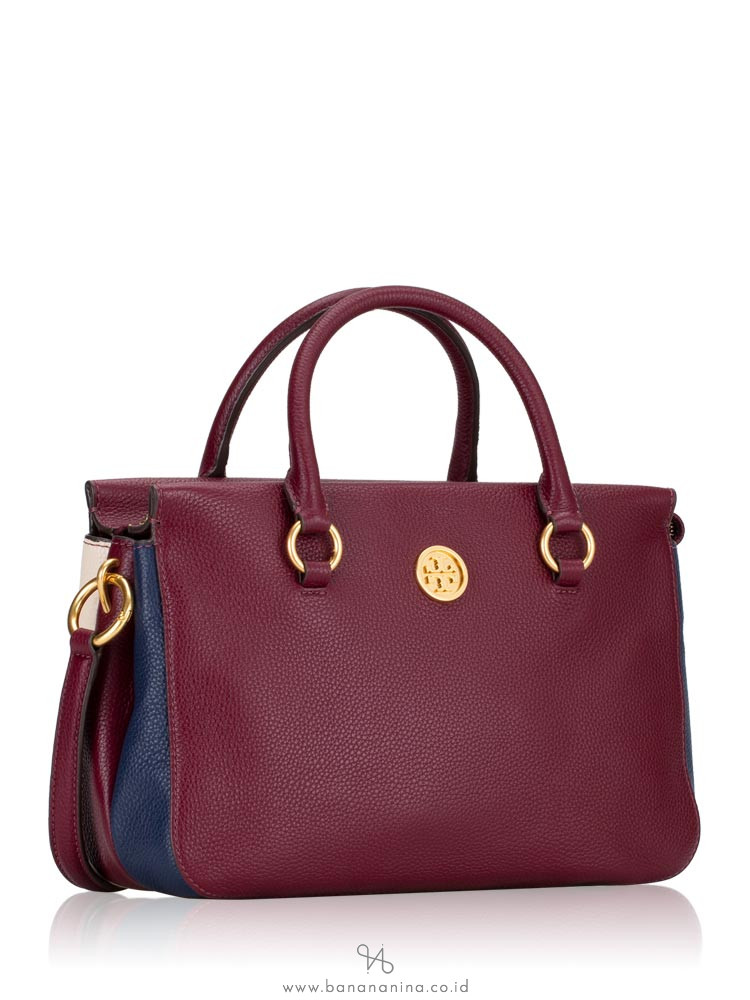 TORY BURCH Mason Colorblock Top Zip Satchel Imperial Garnet Navy