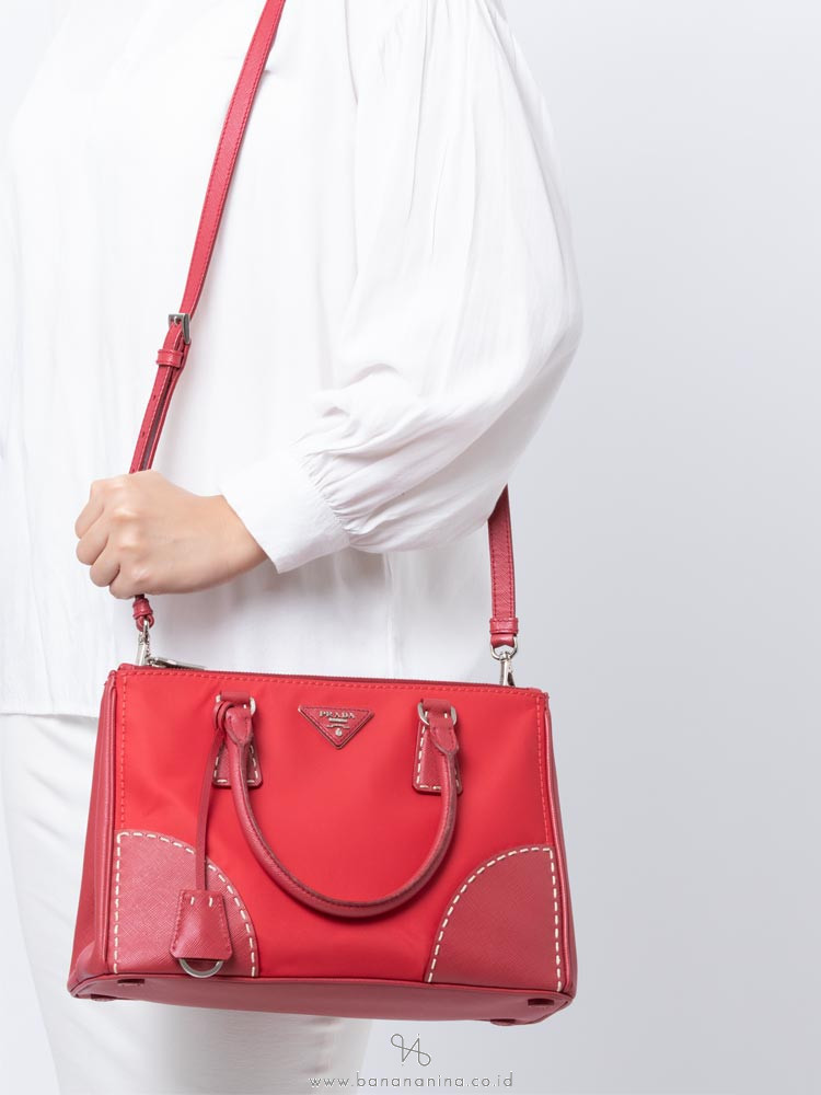 PRADA B1801K Tessuto Saffiano Double Zip Tote Rosso