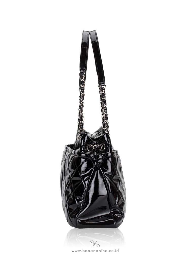 CHANEL Quilted Patent Timeless Shopping Tote Black