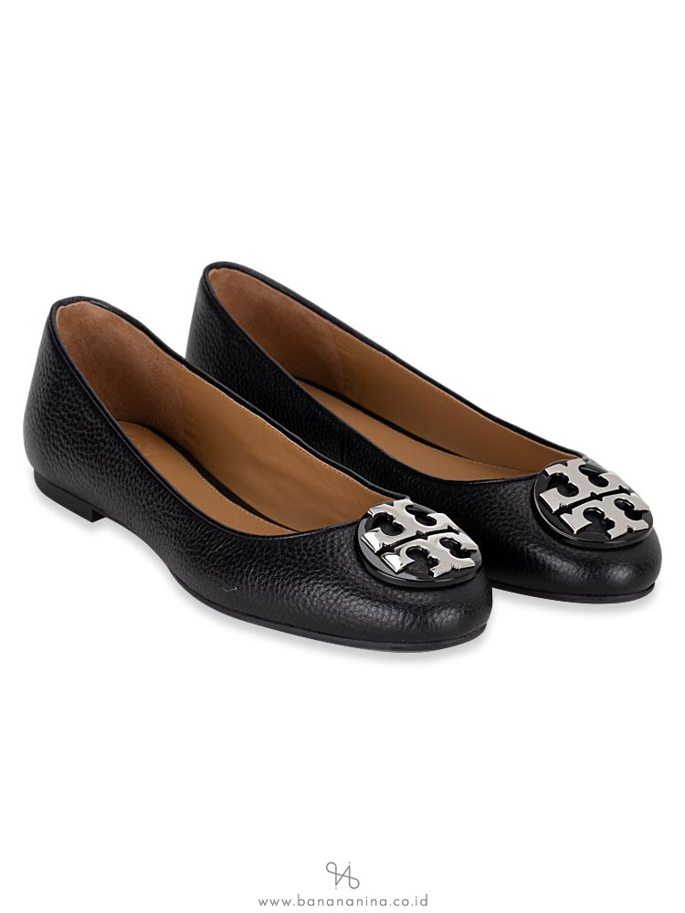 TORY BURCH Claire Tumbled Leather Flats Black Silver Sz 6.5