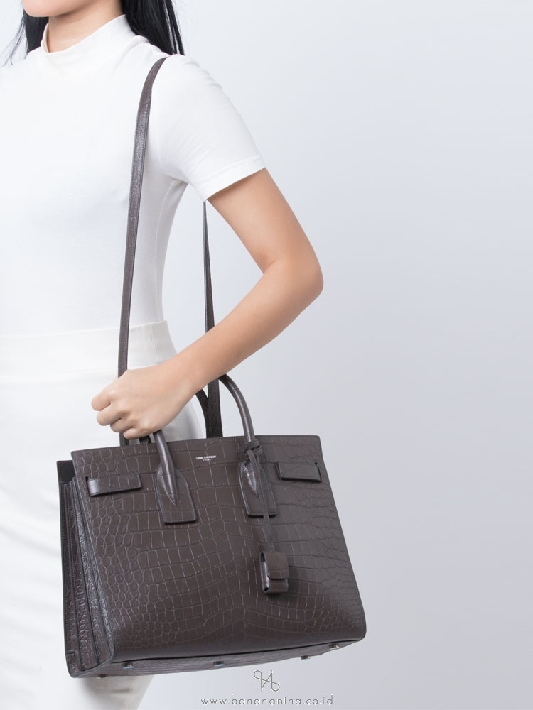 YSL Croc Embossed Calfskin Small Sac De Jour Dark Brown