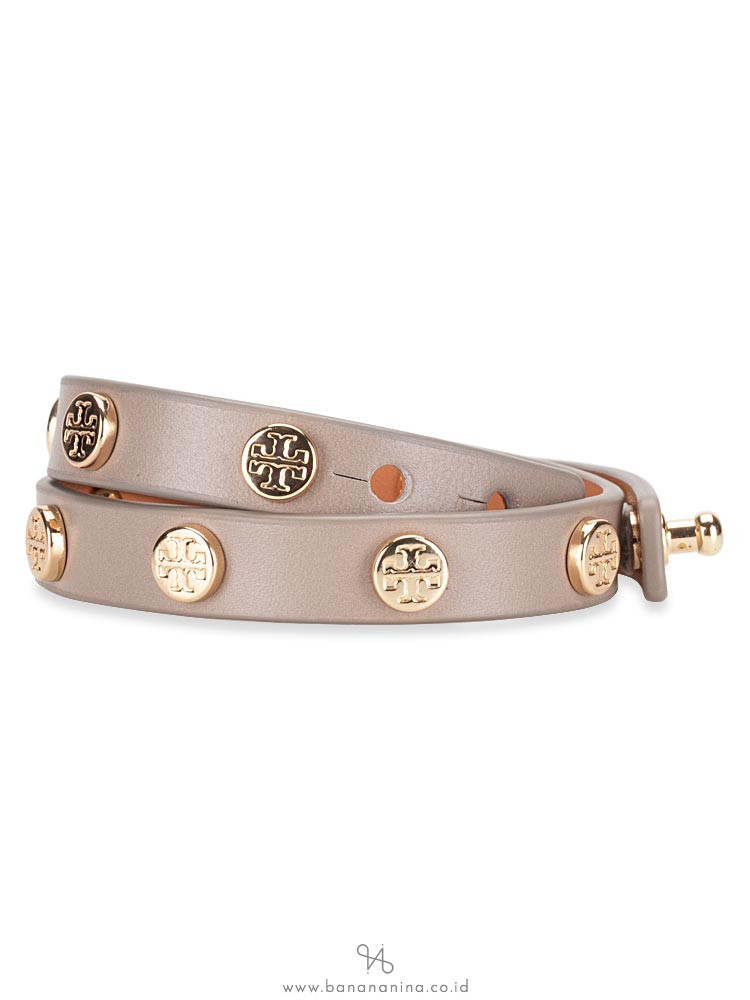 TORY BURCH Leather Logo Stud Double Wrap Bracelet French Gray