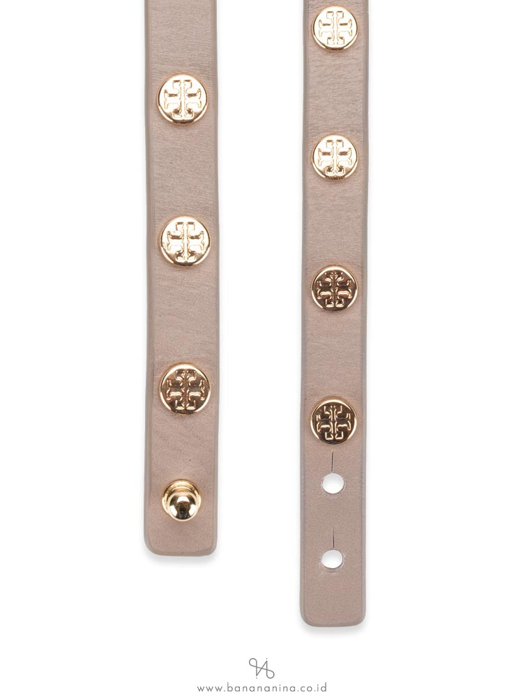 TORY BURCH Leather Logo Stud Double Wrap Bracelet French Gray