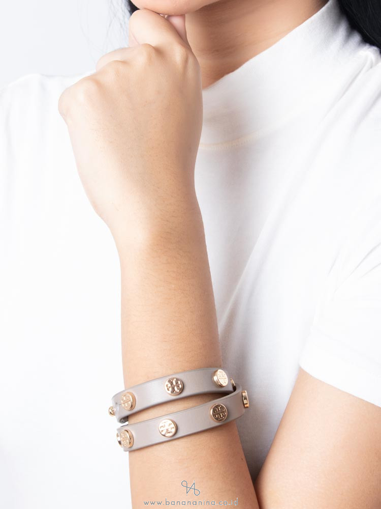 TORY BURCH Leather Logo Stud Double Wrap Bracelet French Gray