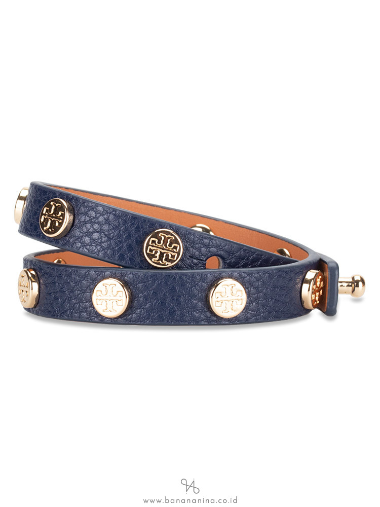 TORY BURCH Leather Logo Stud Double Wrap Bracelet Navy
