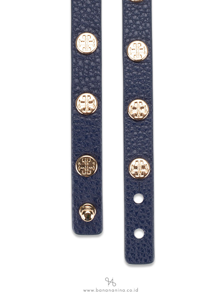 TORY BURCH Leather Logo Stud Double Wrap Bracelet Navy