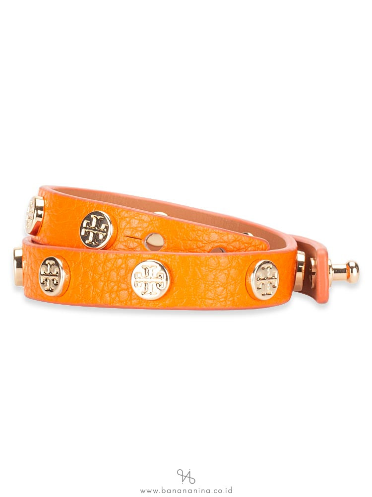 TORY BURCH Leather Logo Stud Double Wrap Bracelet Orange