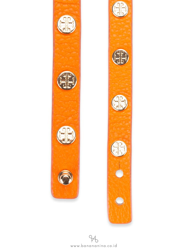 TORY BURCH Leather Logo Stud Double Wrap Bracelet Orange