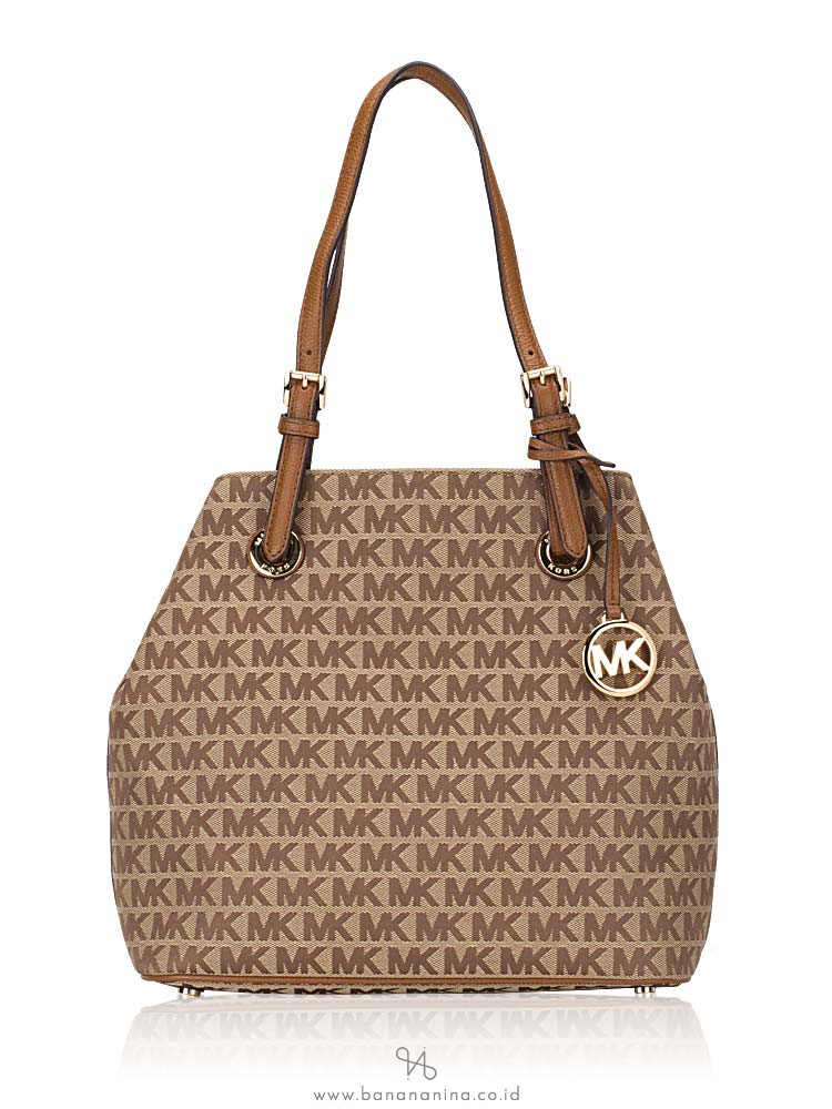 MICHAEL KORS Jet Set Item Signature Grab Bag Beige Ebony Luggage