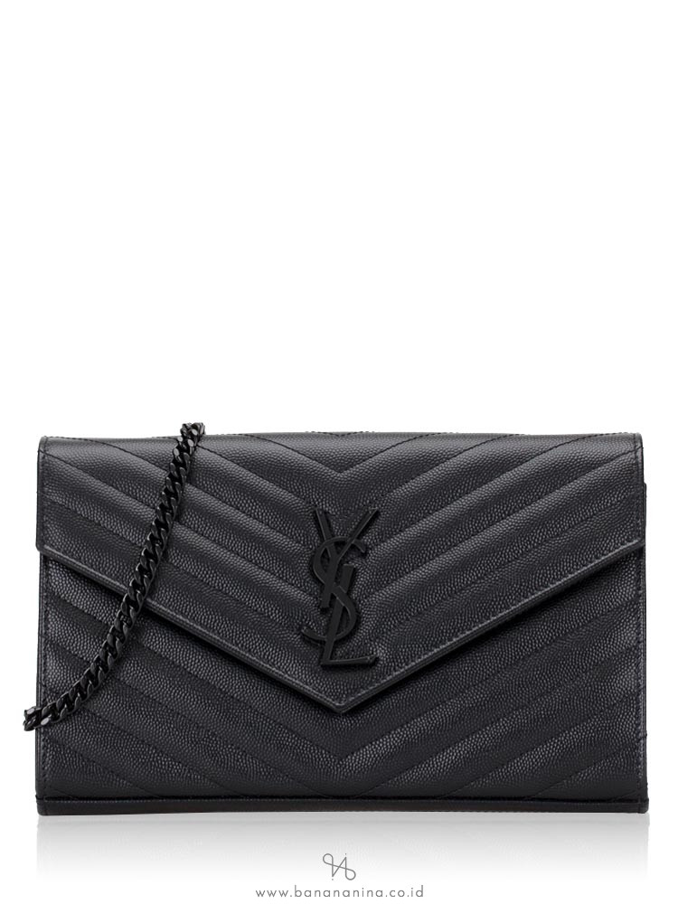 YSL Grain De Poudre Matelasse Monogram Chain Wallet All Black