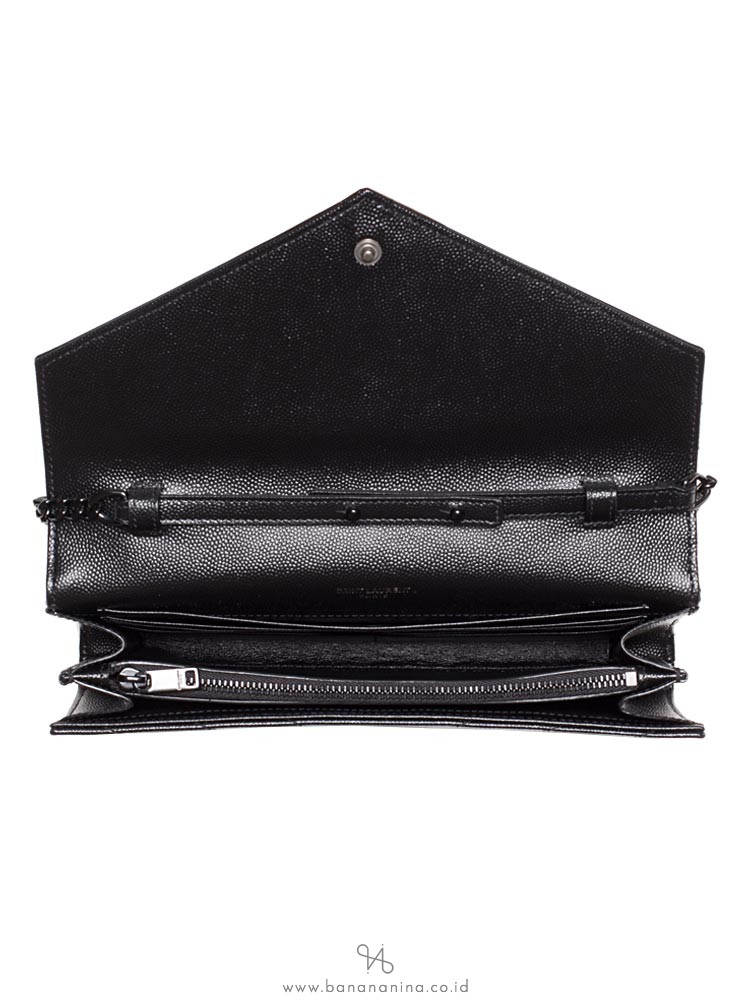 YSL Grain De Poudre Matelasse Monogram Chain Wallet All Black