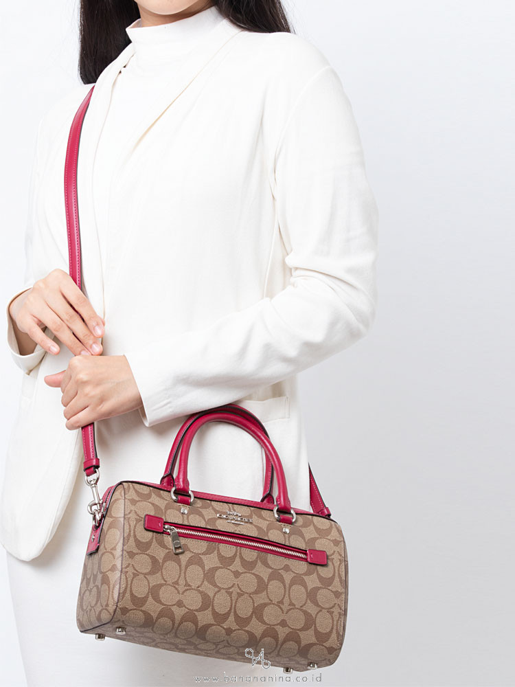 COACH 83607 Signature Rowan Satchel Khaki Dark Fucshia