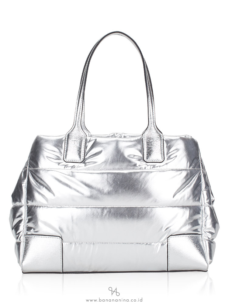 TORY BURCH Ella Metallic Mini Puffer Tote Silver