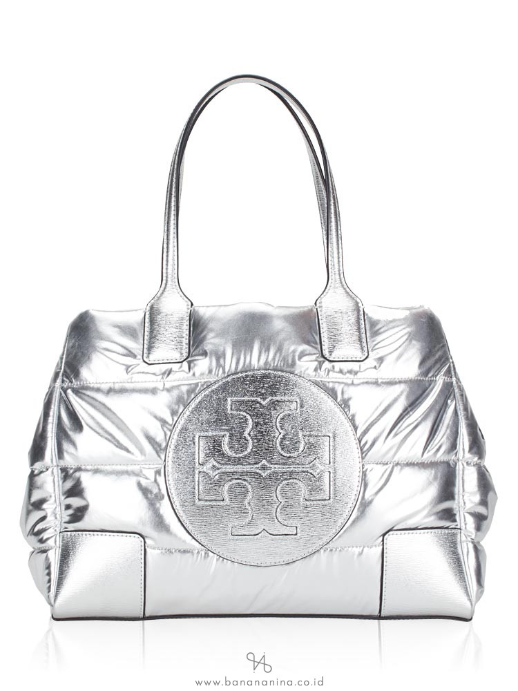 TORY BURCH Ella Metallic Mini Puffer Tote Silver