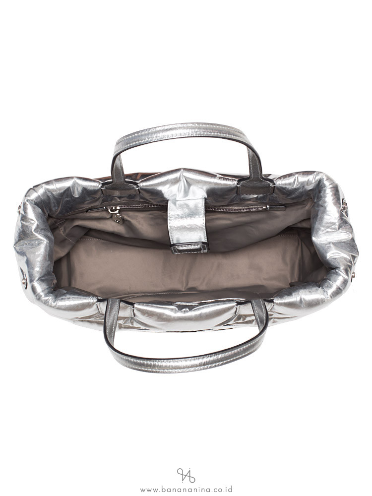 TORY BURCH Ella Metallic Mini Puffer Tote Silver