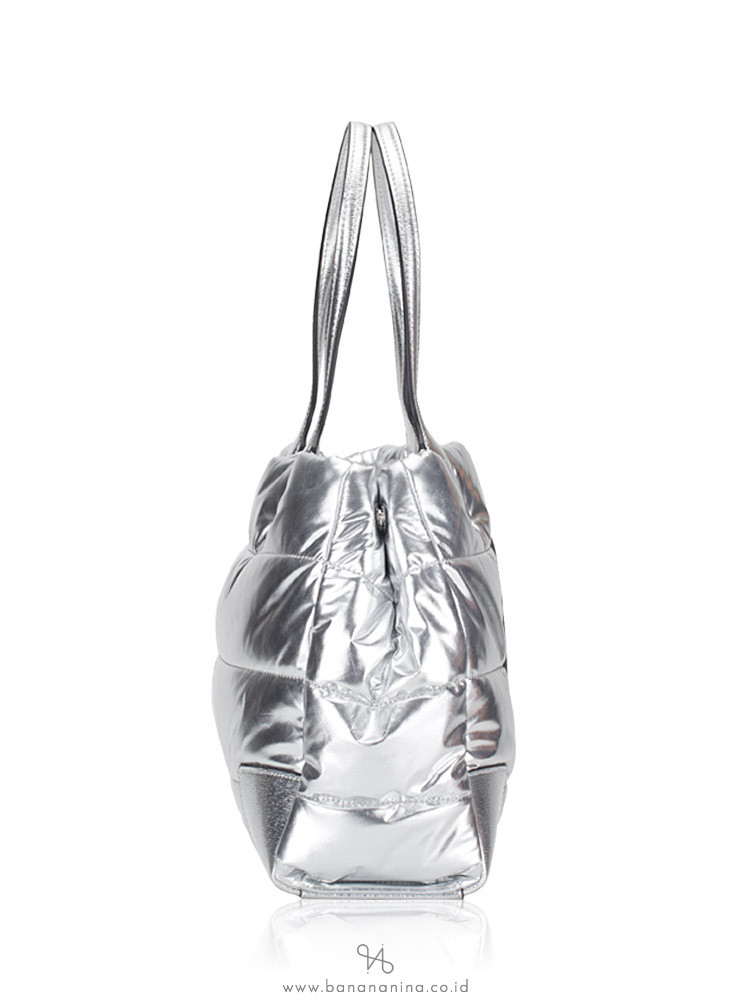 TORY BURCH Ella Metallic Mini Puffer Tote Silver