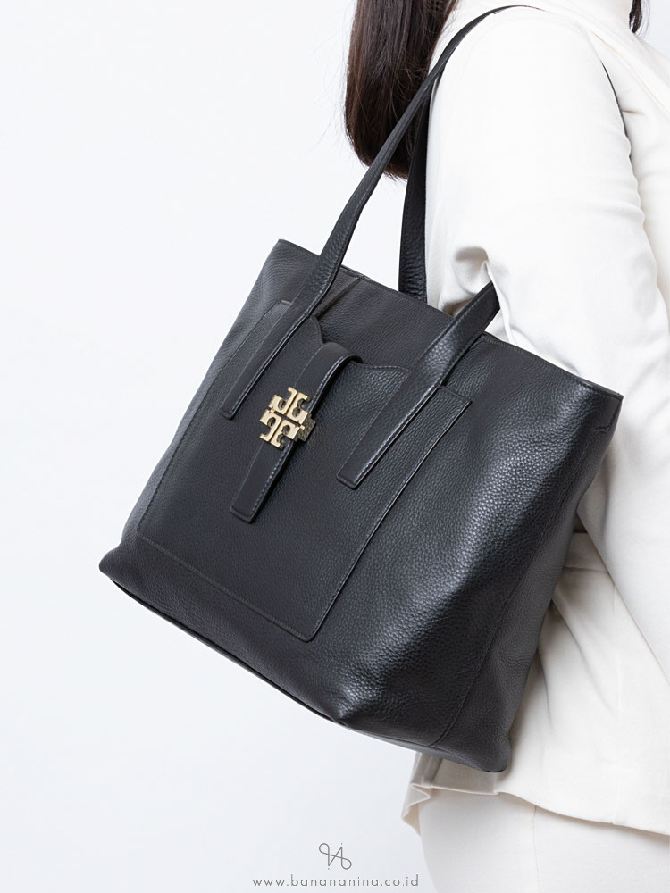 TORY BURCH Meyer Plaque Leather Tote Black