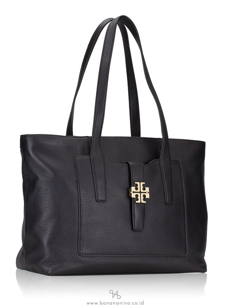 TORY BURCH Meyer Plaque Leather Tote Black