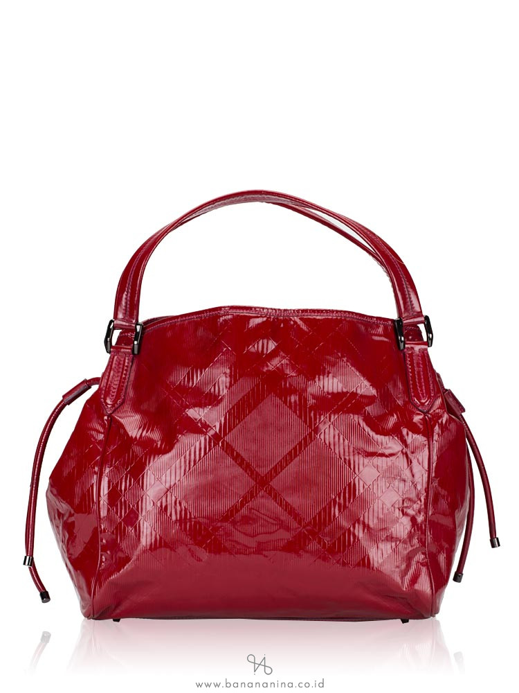 BURBERRY Patent Check Embossed Medium Bilmore Tote Red