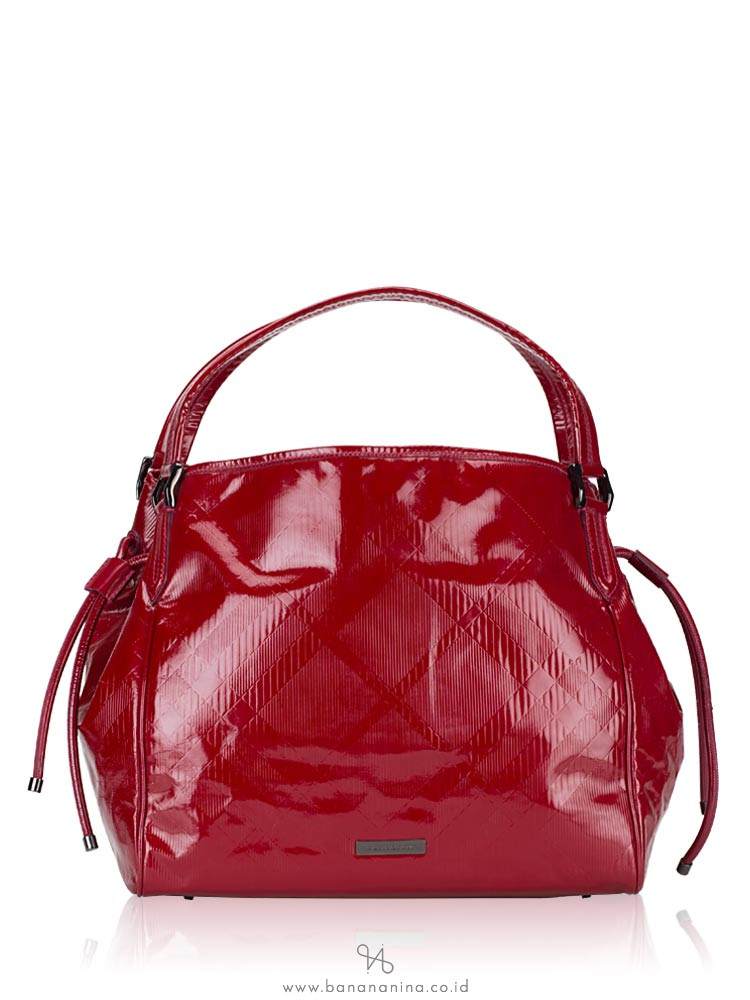 BURBERRY Patent Check Embossed Medium Bilmore Tote Red