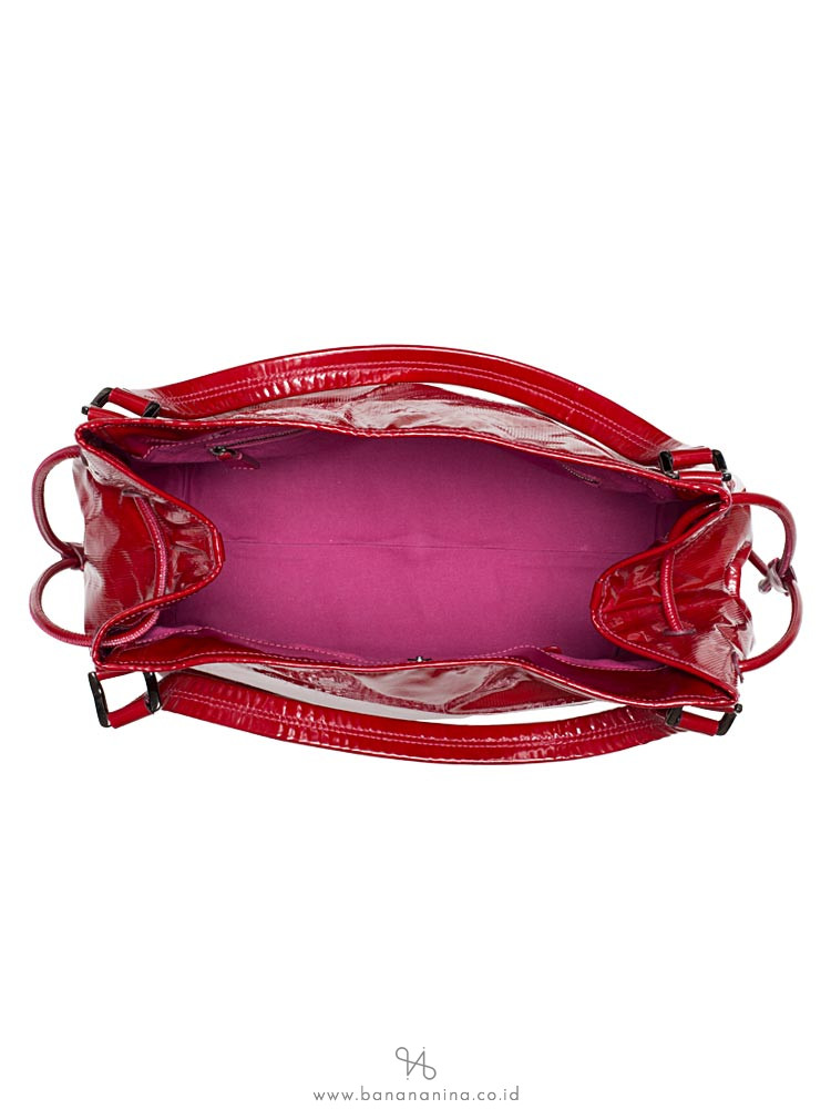 BURBERRY Patent Check Embossed Medium Bilmore Tote Red