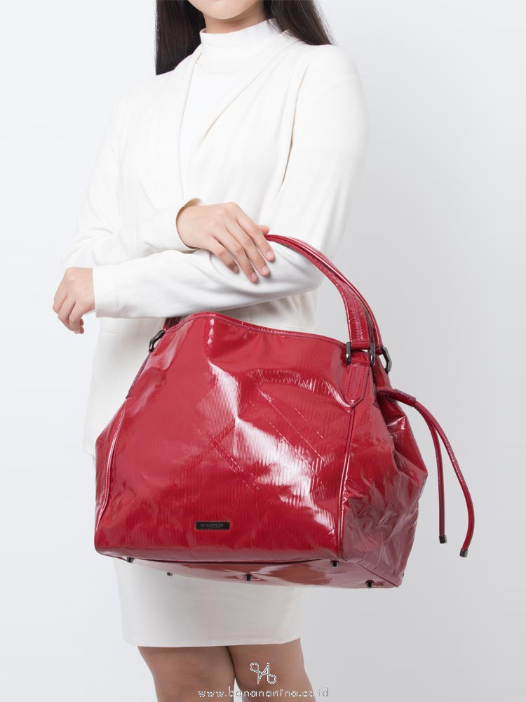BURBERRY Patent Check Embossed Medium Bilmore Tote Red