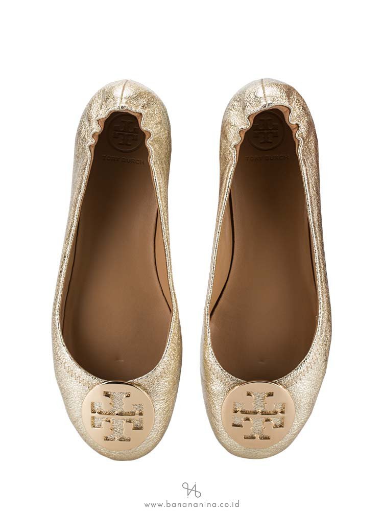 TORY BURCH Minnie Travel Ballet Flats Spark Gold Sz 7.5