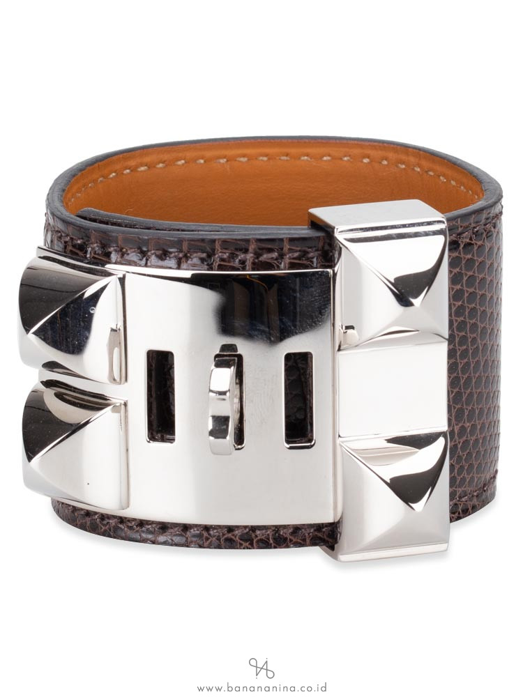 HERMES Lizard Collier de Chien CDC Bracelet Havane Silver Sz S