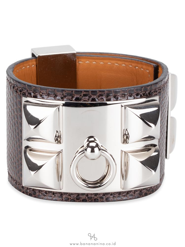 HERMES Lizard Collier de Chien CDC Bracelet Havane Silver Sz S