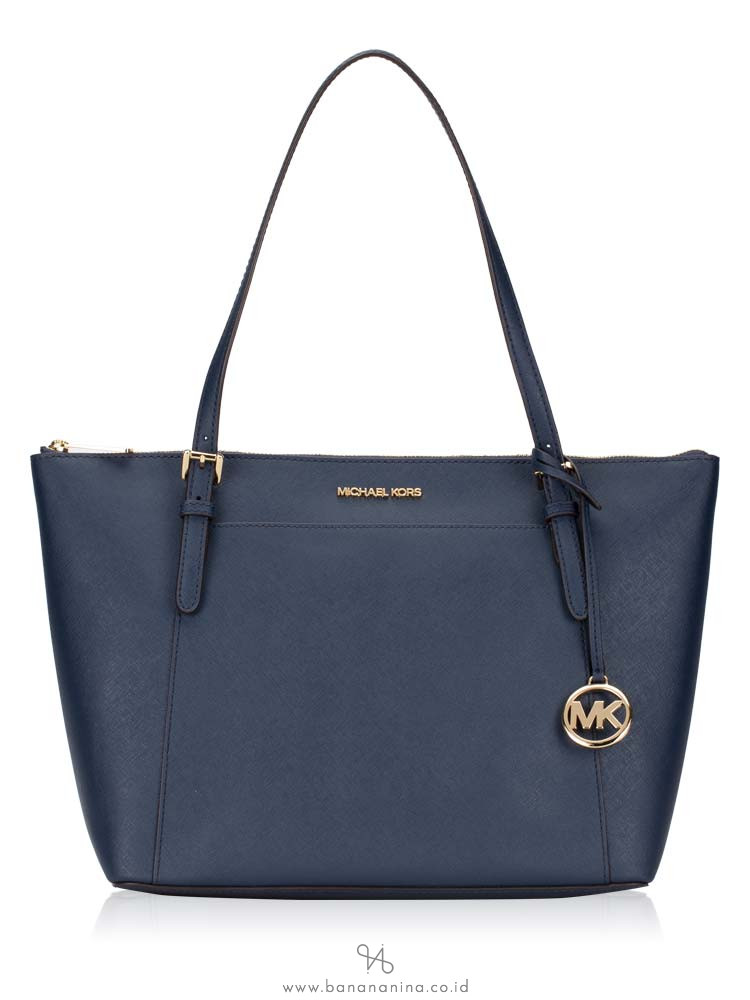MICHAEL KORS Ciara Large Saffiano Top Zip Tote Navy Gold