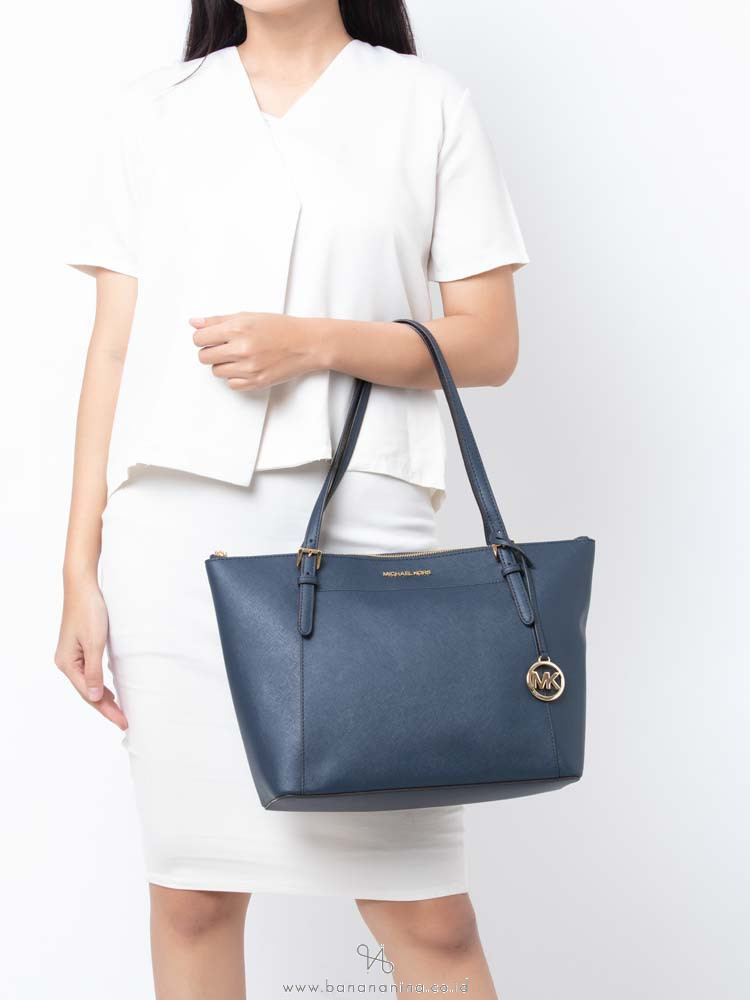 MICHAEL KORS Ciara Large Saffiano Top Zip Tote Navy Gold