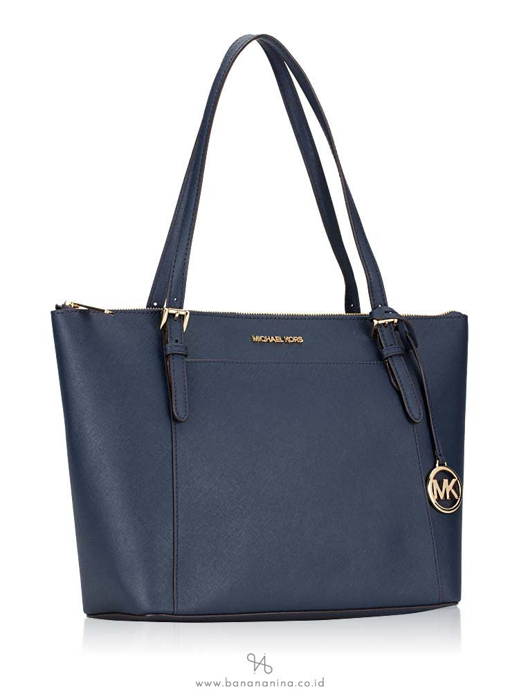 MICHAEL KORS Ciara Large Saffiano Top Zip Tote Navy Gold