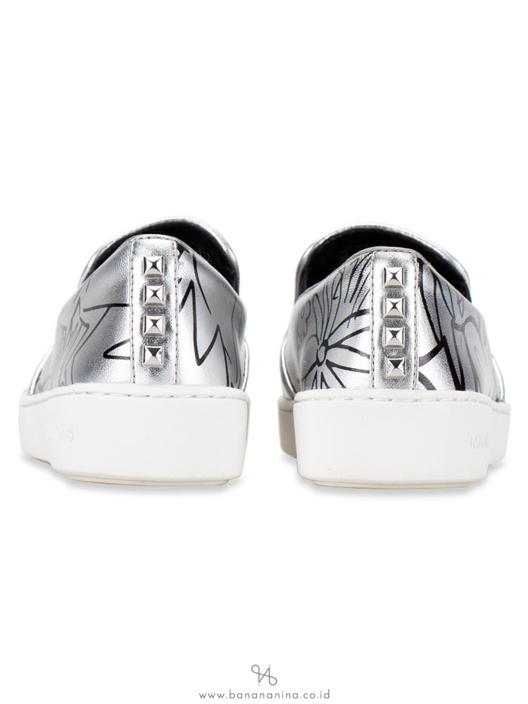 MICHAEL KORS Keaton Graffiti Metallic Leather Slip On Silver Black Sz 7